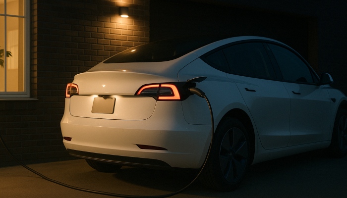 An electric car charging at night